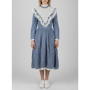 Vintage Sabrina Prairie Dress Blue Floral Lace Trim Cottagecore USA Made Sz 10